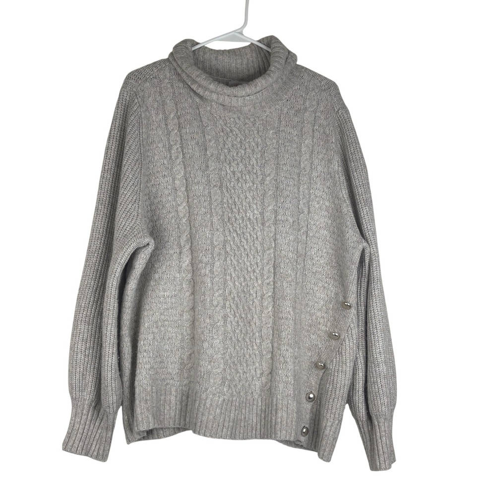 Liz Claiborne Sweater Womens 2X Oatmeal Cable Knit Turtleneck Side Button Knit